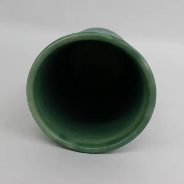 Green Ceramic Vase or Pencil Holder With A Rose Pattern Signed Leila