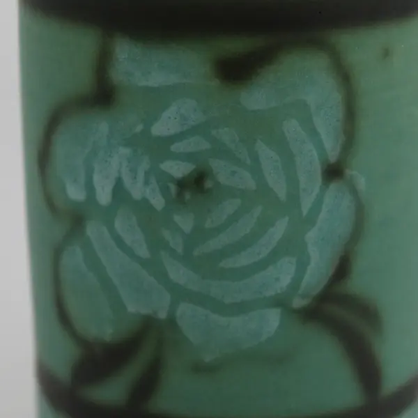 Green Ceramic Vase or Pencil Holder With A Rose Pattern Signed Leila