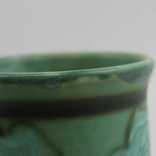 Green Ceramic Vase or Pencil Holder With A Rose Pattern Signed Leila