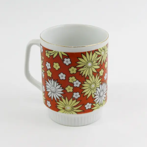 Vintage 1970's Orange, Yellow and White Floral Coffee Cup