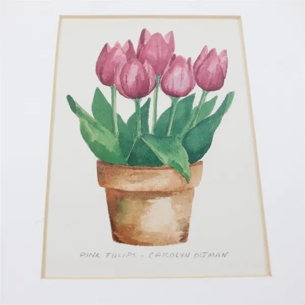 Carolyn Oltman Original Watercolor Pink Tulips 10.75x8.75 in