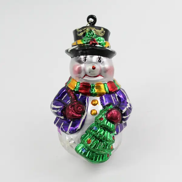 7 Inch Glass Snowman Wearing A Purple Coat And Black Top Hat Christmas Ornament