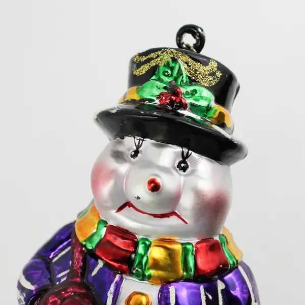 7 Inch Glass Snowman Wearing A Purple Coat And Black Top Hat Christmas Ornament