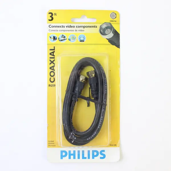 Philips 3ft RG59 Coaxial Cable w/ F Connectors TV SAT Internet PH61200