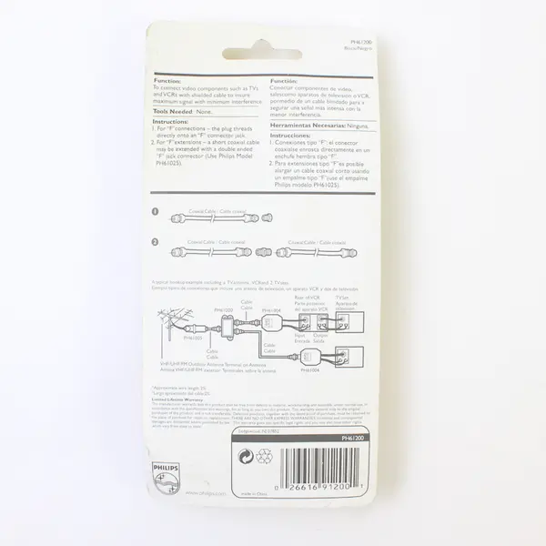 Philips 3ft RG59 Coaxial Cable w/ F Connectors TV SAT Internet PH61200