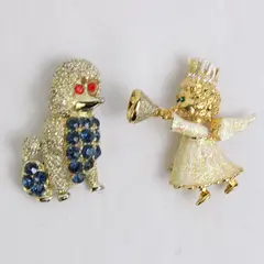 2 x Vintage Decorative Ornate Pins: Poodle and Angel with Trumpet