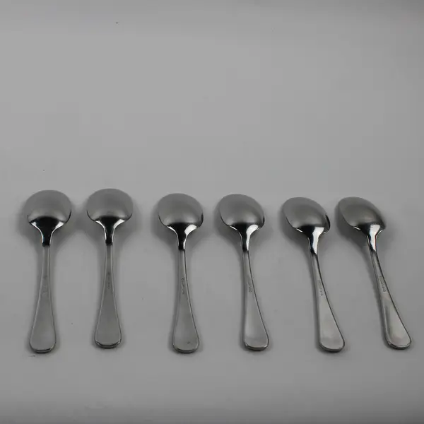 Lot of 6 Oneida Silver Chandler Glossy 18/10 SS Oval Soup Spoons 7.25" Good