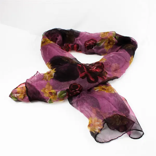 Purple Floral 100% Silk Scarf 52 x 20 in Lightweight