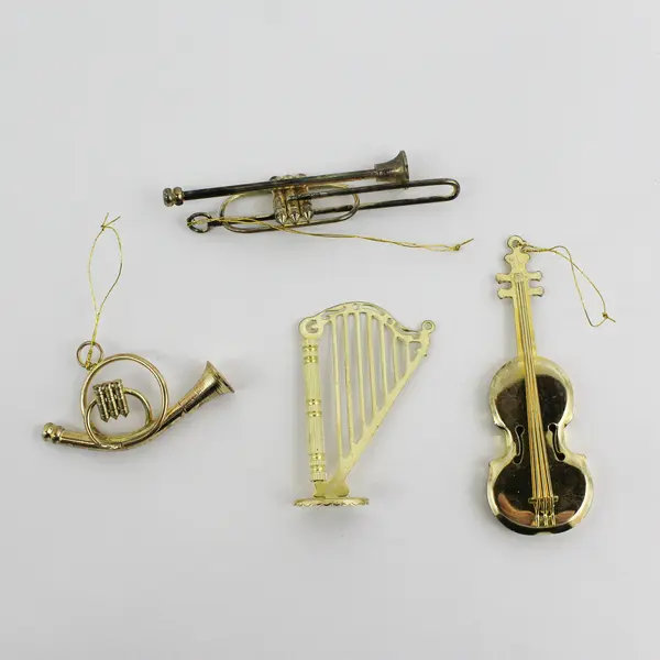 4 Brass Musical Instruments Ornaments: Trombone, Harp, French Horn, Cello