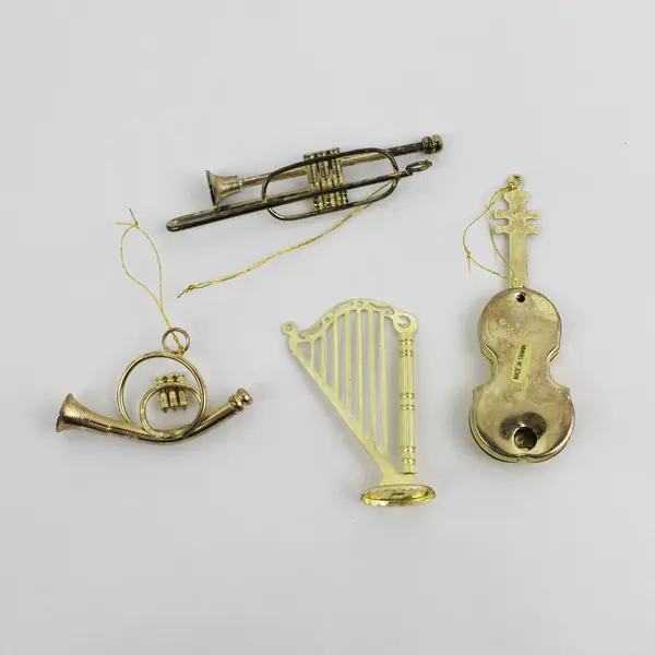4 Brass Musical Instruments Ornaments: Trombone, Harp, French Horn, Cello
