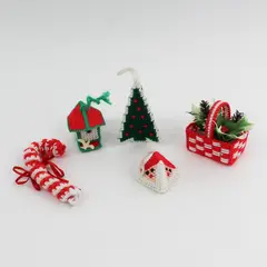  5 Knit or Crocheted Christmas Ornaments Tree, Candy Cane, Basket, House Santa