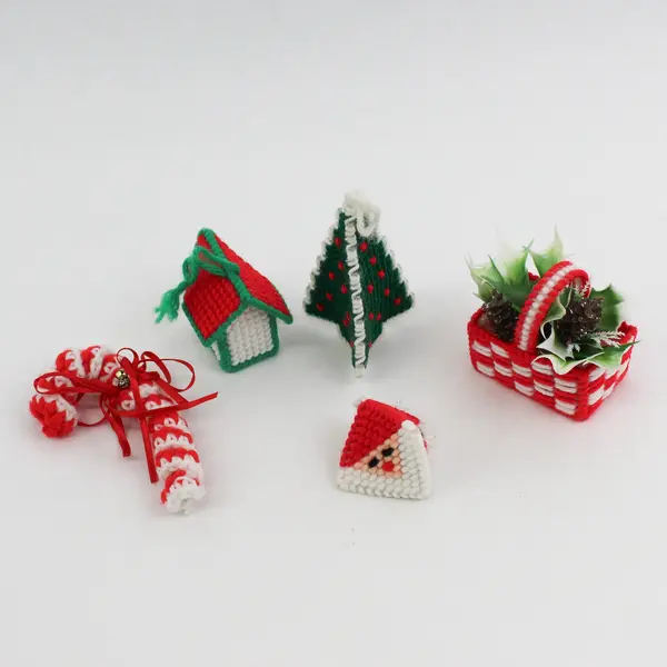 5 Knit or Crocheted Christmas Ornaments Tree, Candy Cane, Basket, House Santa