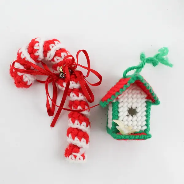  5 Knit or Crocheted Christmas Ornaments Tree, Candy Cane, Basket, House Santa