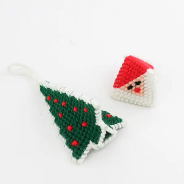  5 Knit or Crocheted Christmas Ornaments Tree, Candy Cane, Basket, House Santa
