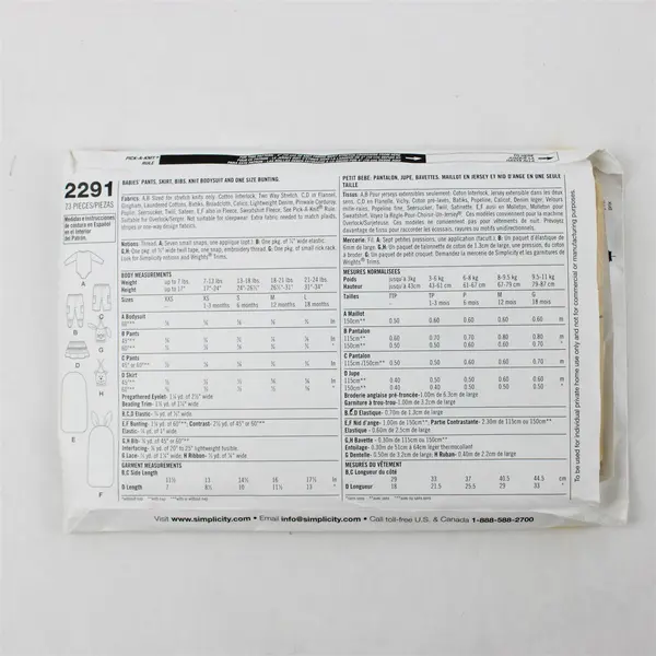 Uncut Simplicity Sewing Pattern 2291 Babies Pants Skirt Bib Bodysuit Size: XXS-L