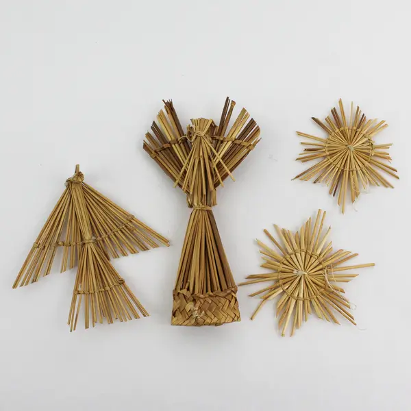 4 Handmade Straw Christmas Ornaments 2 Angels and 2 Snowflakes