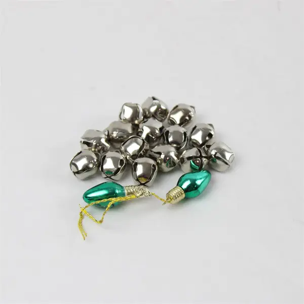 Lot of 15 Silver Jingle Bells & 2 Green Christmas Lights for Crafts