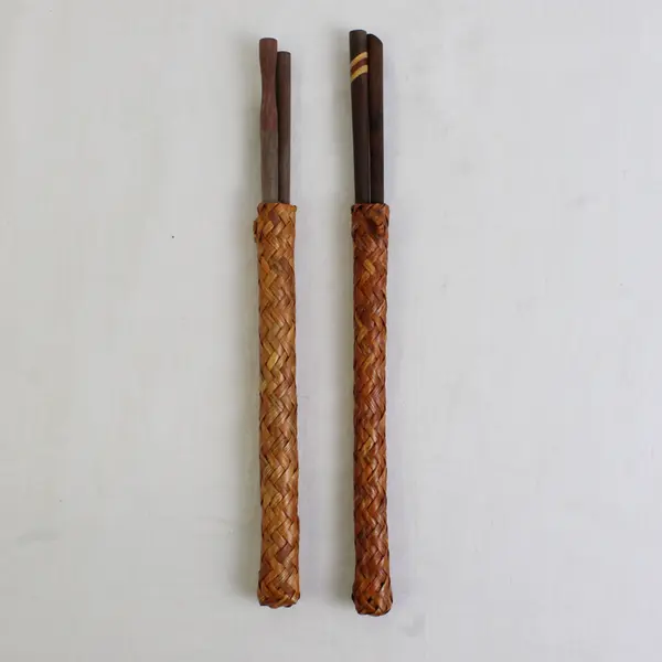 Lot OF 2 Handmade Wooden Chopsticks With Woven Rattan Holders