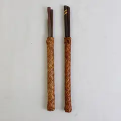 Lot OF 2 Handmade Wooden Chopsticks With Woven Rattan Holders