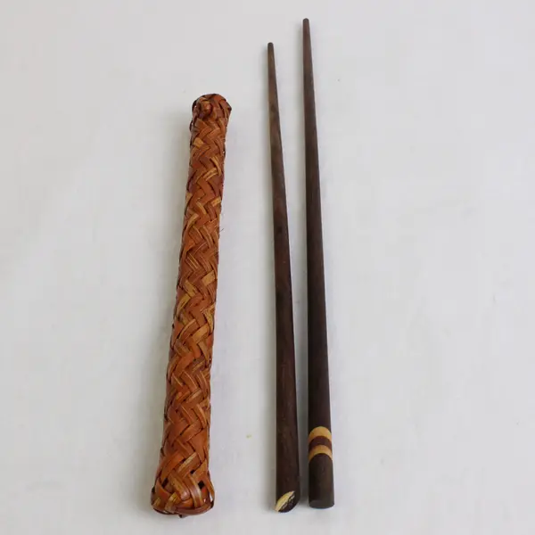 Lot OF 2 Handmade Wooden Chopsticks With Woven Rattan Holders