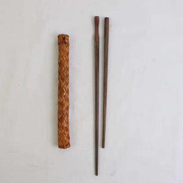 Lot OF 2 Handmade Wooden Chopsticks With Woven Rattan Holders