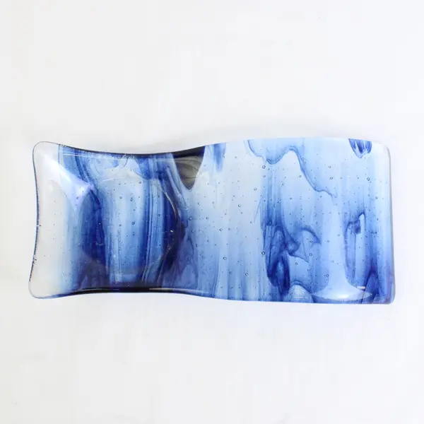 Handmade Clear/Dark Blue Glass Decorative Flat Candle Holder 10.25" x 4.5"