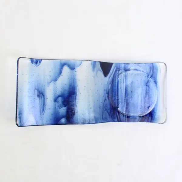 Handmade Clear/Dark Blue Glass Decorative Flat Candle Holder 10.25" x 4.5"