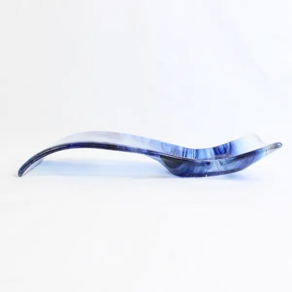 Handmade Clear/Dark Blue Glass Decorative Flat Candle Holder 10.25" x 4.5"