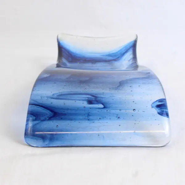Handmade Clear/Dark Blue Glass Decorative Flat Candle Holder 10.25" x 4.5"