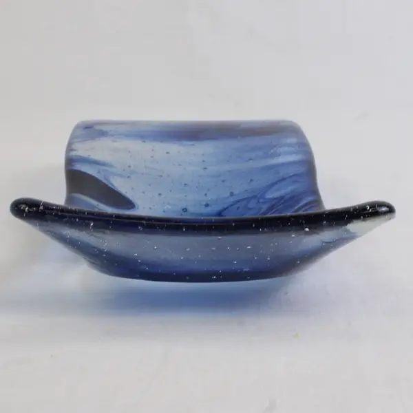 Handmade Clear/Dark Blue Glass Decorative Flat Candle Holder 10.25" x 4.5"