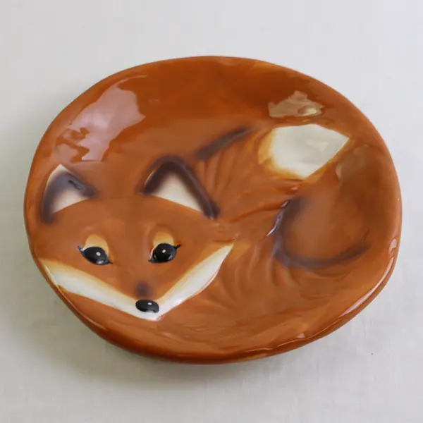 Unbranded Orange Cute Fox Pattern Decorative Round Ceramic Plate 8.25" Diameter