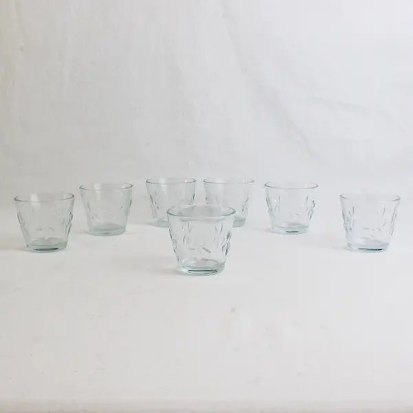 Lot Of 7 Unbranded Matched Clear Glass Floral Votive Candle Holders 2.5" Tall