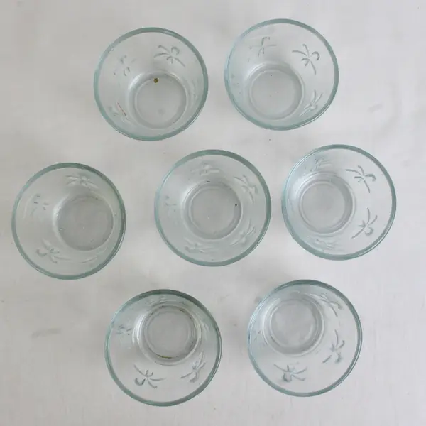 Lot Of 7 Unbranded Matched Clear Glass Floral Votive Candle Holders 2.5" Tall