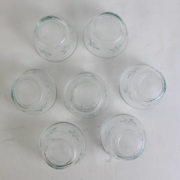 Lot Of 7 Unbranded Matched Clear Glass Floral Votive Candle Holders 2.5" Tall