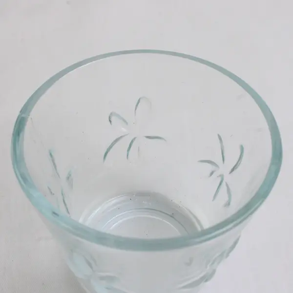 Lot Of 7 Unbranded Matched Clear Glass Floral Votive Candle Holders 2.5" Tall