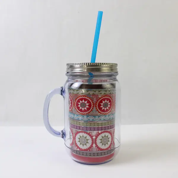 Unbranded Clear Multicolor Plastic Mason Jar Style Mug W/ Lid & Straw 6.5" Tall