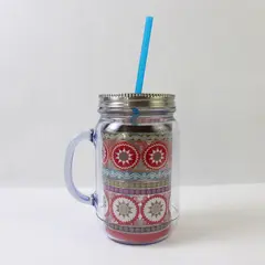 Unbranded Clear Multicolor Plastic Mason Jar Style Mug W/ Lid & Straw 6.5" Tall