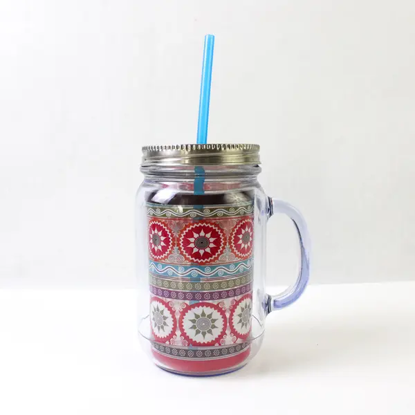 Unbranded Clear Multicolor Plastic Mason Jar Style Mug W/ Lid & Straw 6.5" Tall