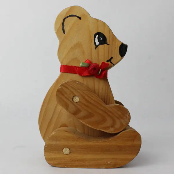 Vintage Wooden Poseable Teddy Bear Jointed Limbs Red Bow 6.5in