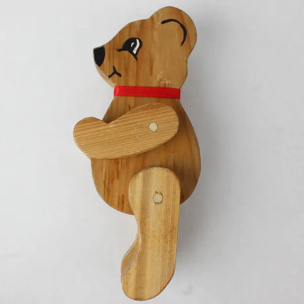 Vintage Wooden Poseable Teddy Bear Jointed Limbs Red Bow 6.5in