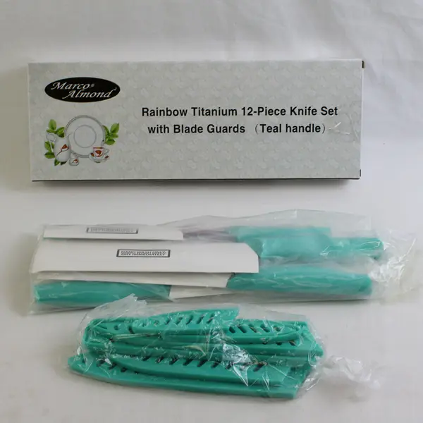 Marco Almond Rainbow Titanium 12-Piece Knife Set With Blade Guards (Teal Handle)