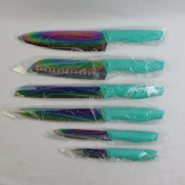 Marco Almond Rainbow Titanium 12-Piece Knife Set With Blade Guards (Teal Handle)