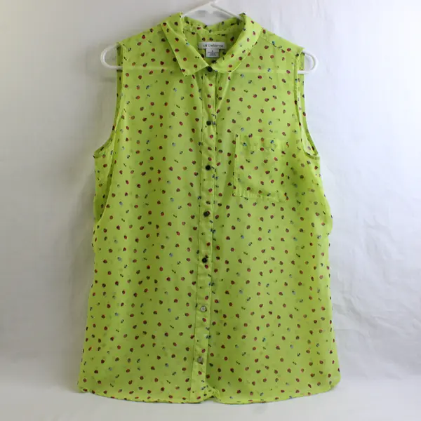 Liz Claiborne Lime Green W/ Lady Bug Pattern Sleeveless Sheer Top Women's Size L