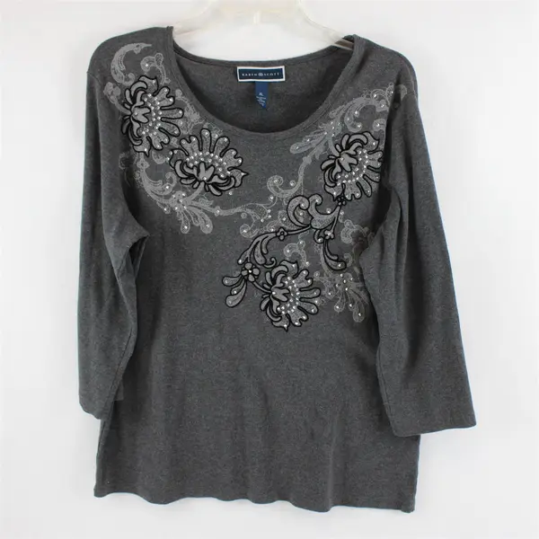 Karen Scott Gray Bedazzled Long Sleeve Top Cotton/Polyester Women's Size XL