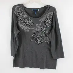 Karen Scott Gray Bedazzled Long Sleeve Top Cotton/Polyester Women's Size XL