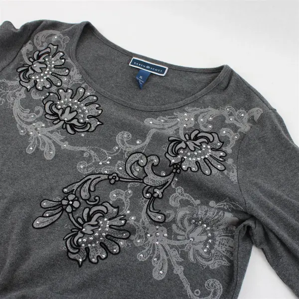 Karen Scott Gray Bedazzled Long Sleeve Top Cotton/Polyester Women's Size XL