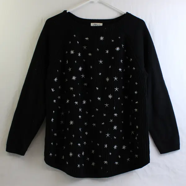 Style & Co Black Embroidered White Stars Long Sleeve Knit Sweater Women's Size L