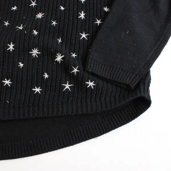 Style & Co Black Embroidered White Stars Long Sleeve Knit Sweater Women's Size L