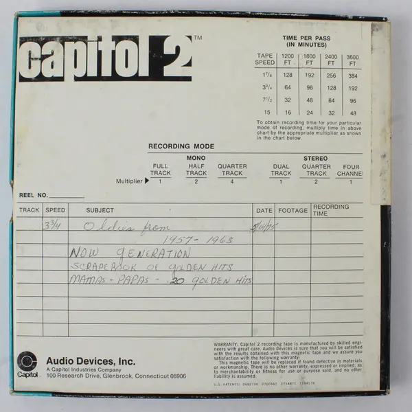 Capitol 2 Reel to Reel Tape 7" 64mins Used Home Recording Folk and Oldies