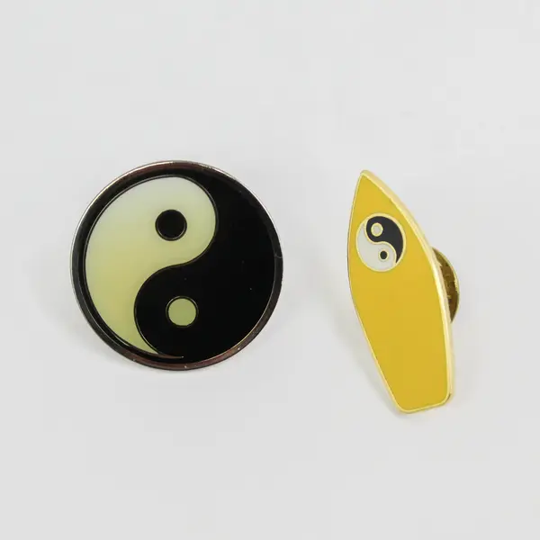 2 Yin and Yang Symbol Hard Enamel Lapel Pins Classic Black White and Surfboard
